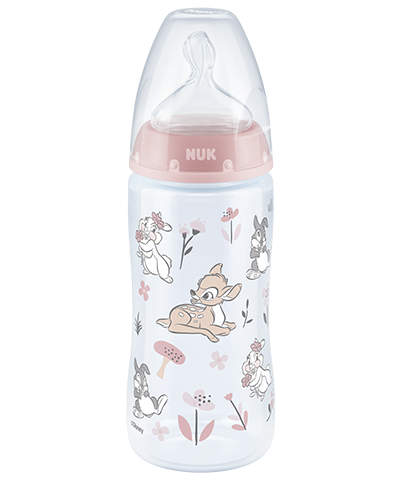 NUK Disney First Choice+ biberon, 6-18 mesi, controllo della temperatura, sfiato anti-coliche, 300 ml, senza BPA, tettarella in silicone, Topolino (grigio)
